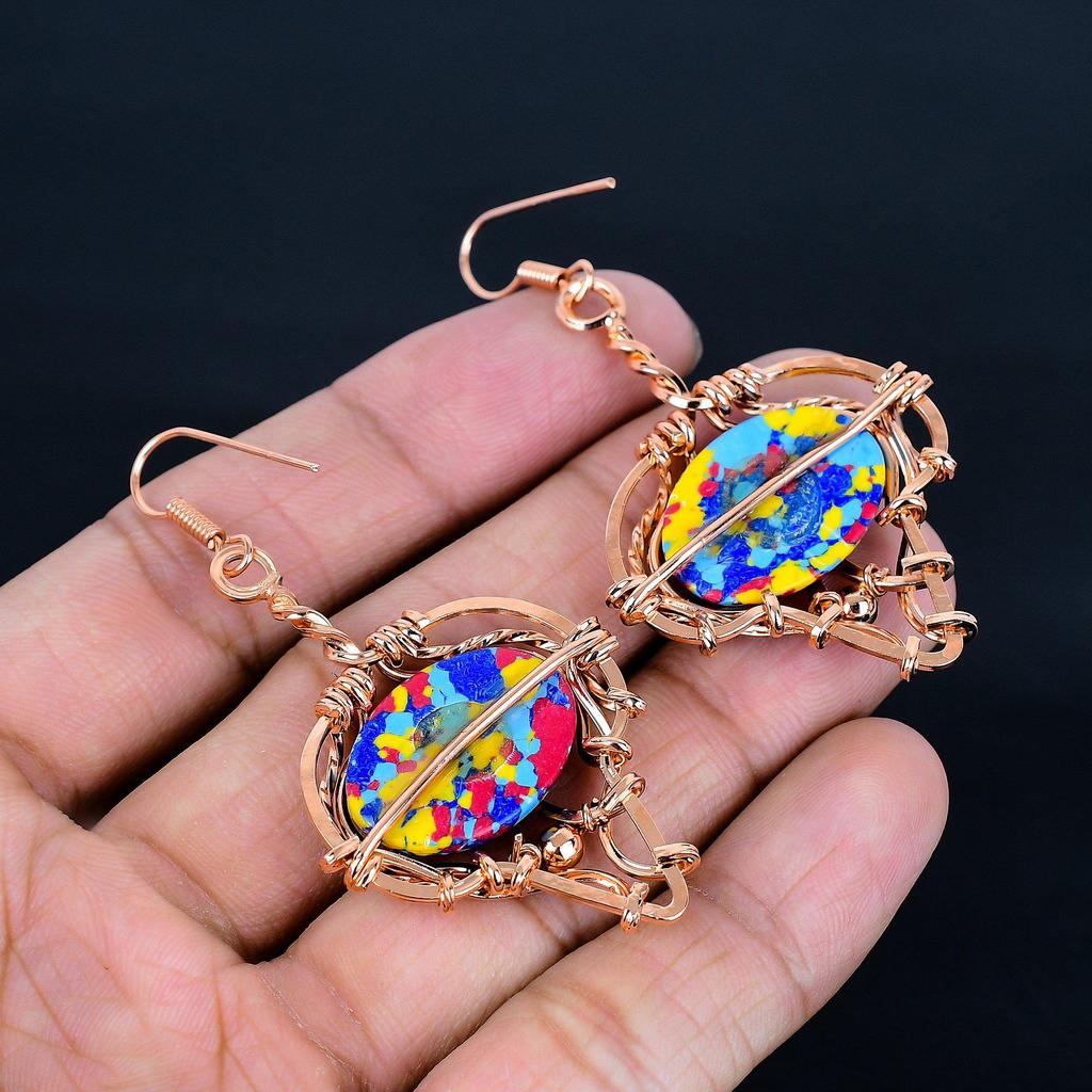 Mosaic Baloon Jasper Earrings Gemstone Jewelry, 999 Copper Wire Wrapped Earrings, Handmade Beautiful Jewelry Earrings