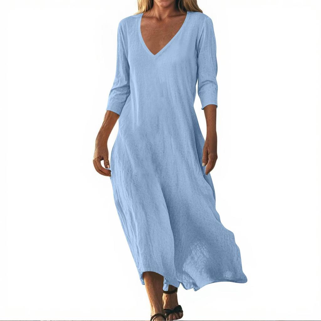 Lässiges Sommerkleid mit Print, 3/4-Ärmeln, Ausschnitt, locker, Strandkleid