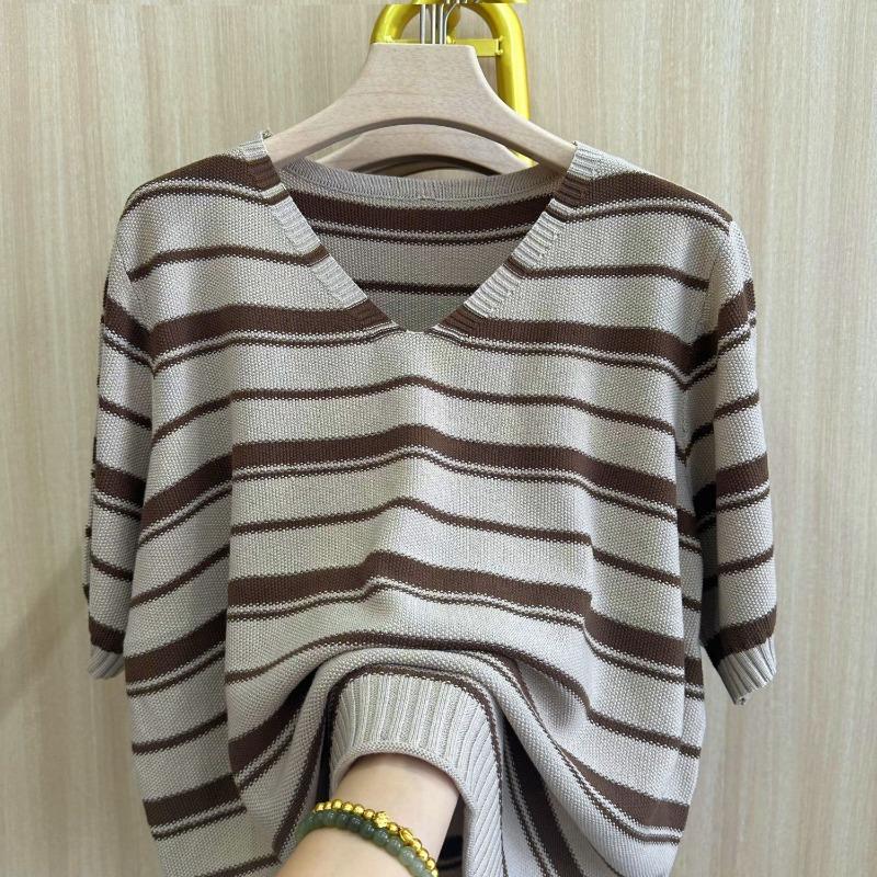 

Counter Summer New Women s Striped T-shirt Loose and Flesh-covering Slimming Sweater 3XL
