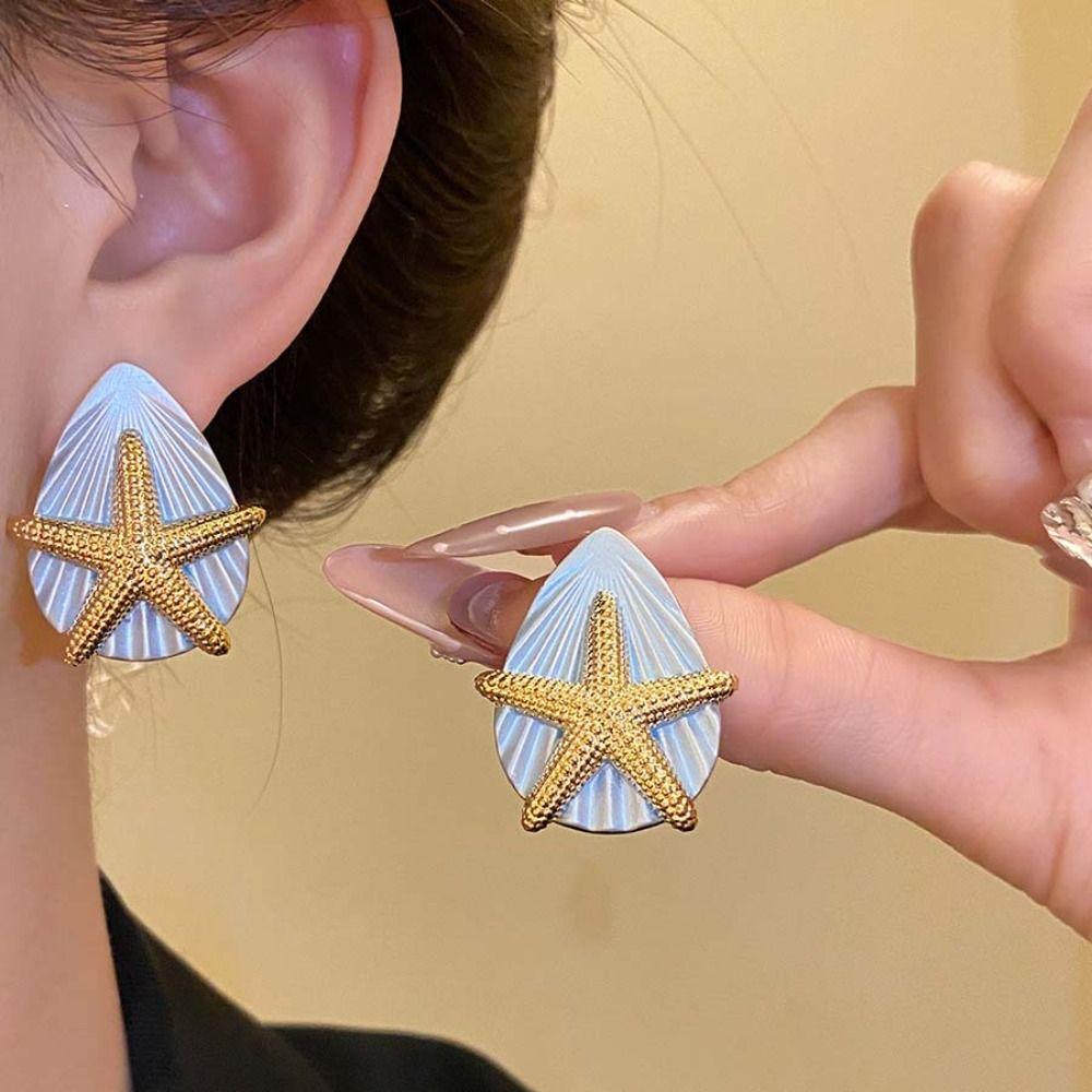 Oil Drip Copper Starfish Ear Studs Shell Shape Star Dangle Earrings Starfish Shell Earrings  Women