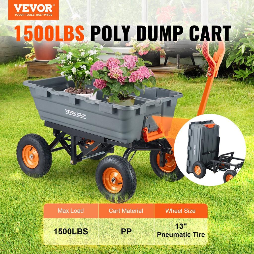 Poly Garden Dump Cart Heavy-duty Yard Carts and Wagons 1500 lbs 13" Tires