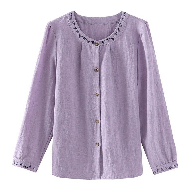 Women Literary Retro Embroidered Cotton Long Sleeve Shirt