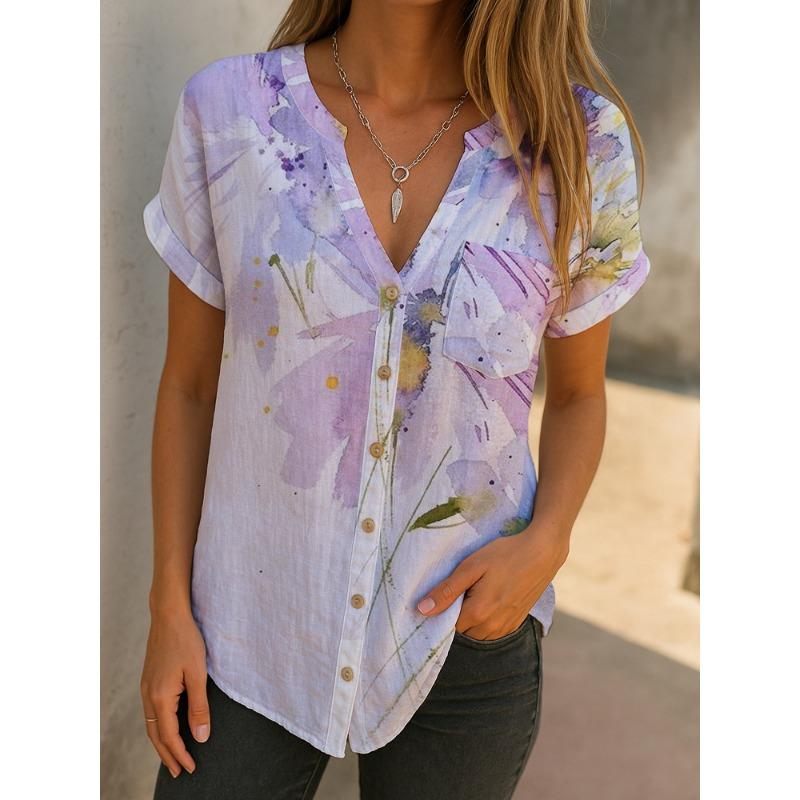 Summer new women's casual short-sleeved V-neck cardigan digital printed women's top shirt