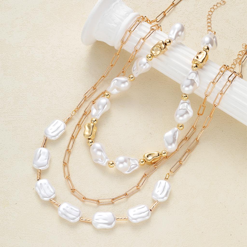 3Pcs Gold Color Baroque Pearl Layered Necklace Set For Women Irregular Pearl Paperclip Chain Chokers Long Y-Necklace Jewelry New