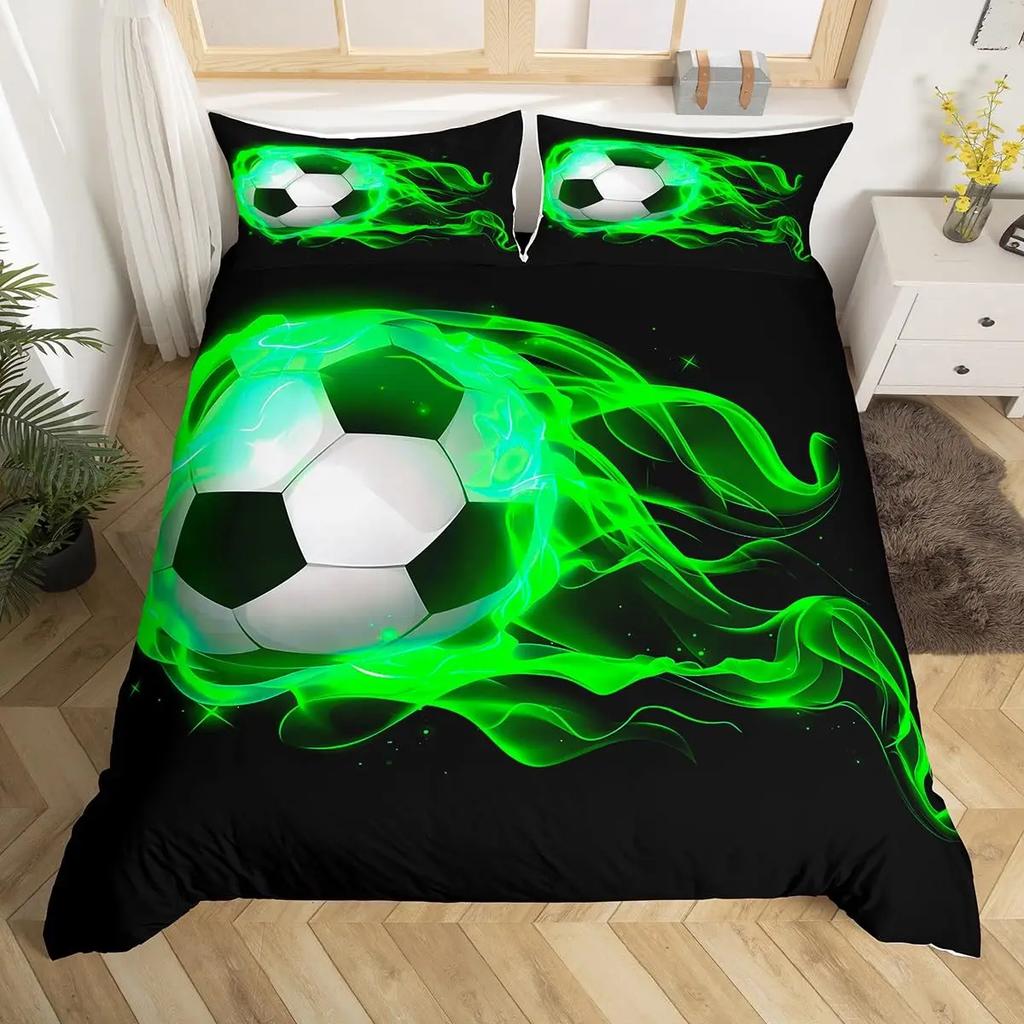 Comforter Football Occer Sports Abstract Ice And Fire Art Design Teens Boys Cool Navy Blue 3 Pcs Bedding Set