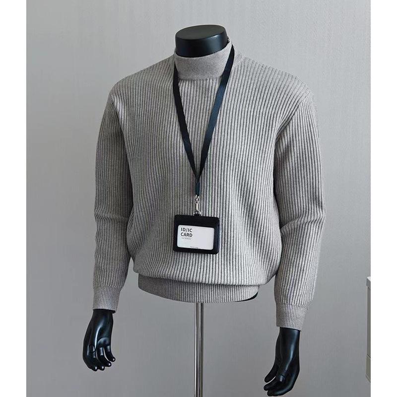 Herren Weißer Gerippter Rollkragenpullover - Herbst/Winter Lazy Style, Gestrickt, Gerade Schulter, Hohe Dehnbarkeit