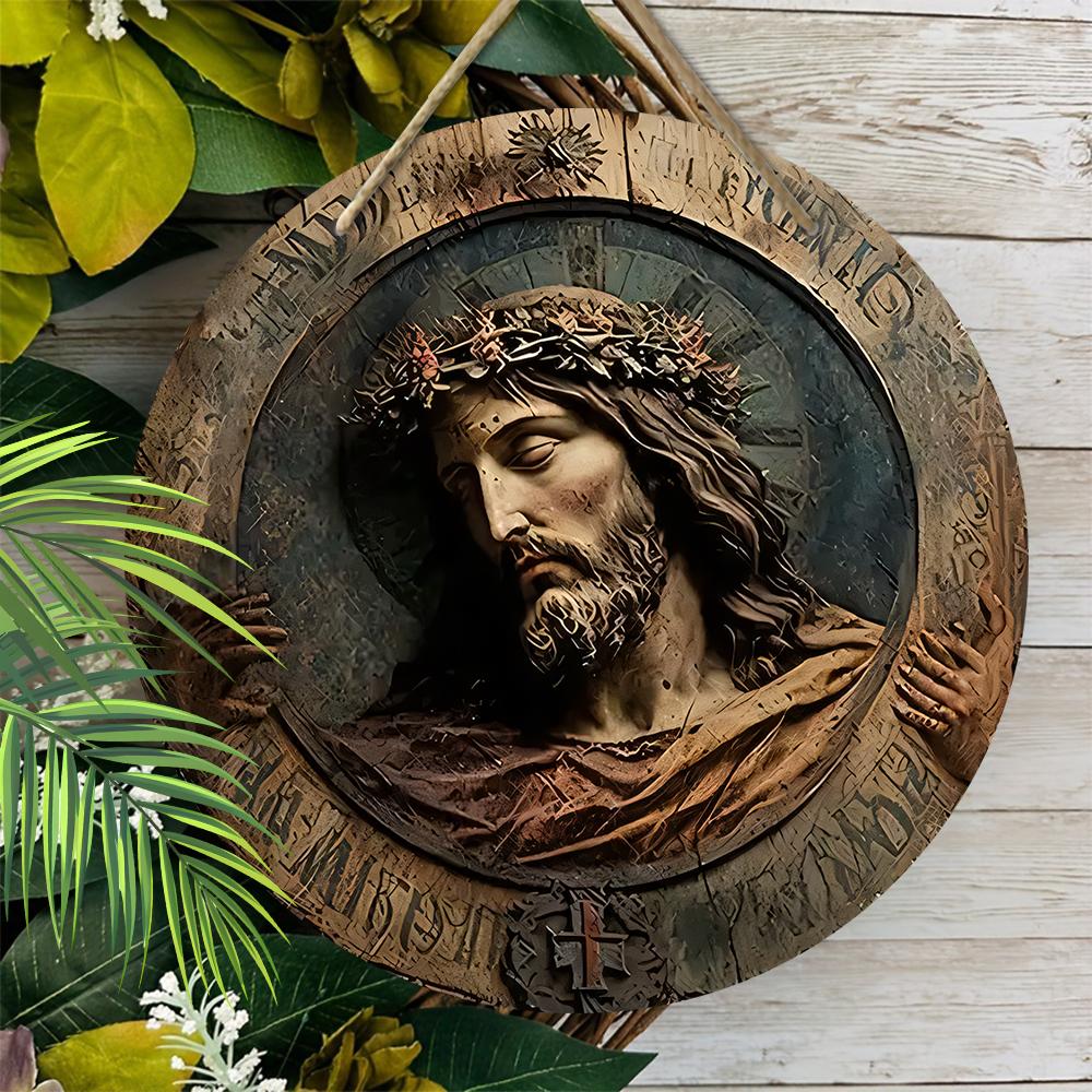 Jesus Christ Crown of Thorns Round Wooden Hanging Sign, 2D Flat Wooden Religious Wall Decor