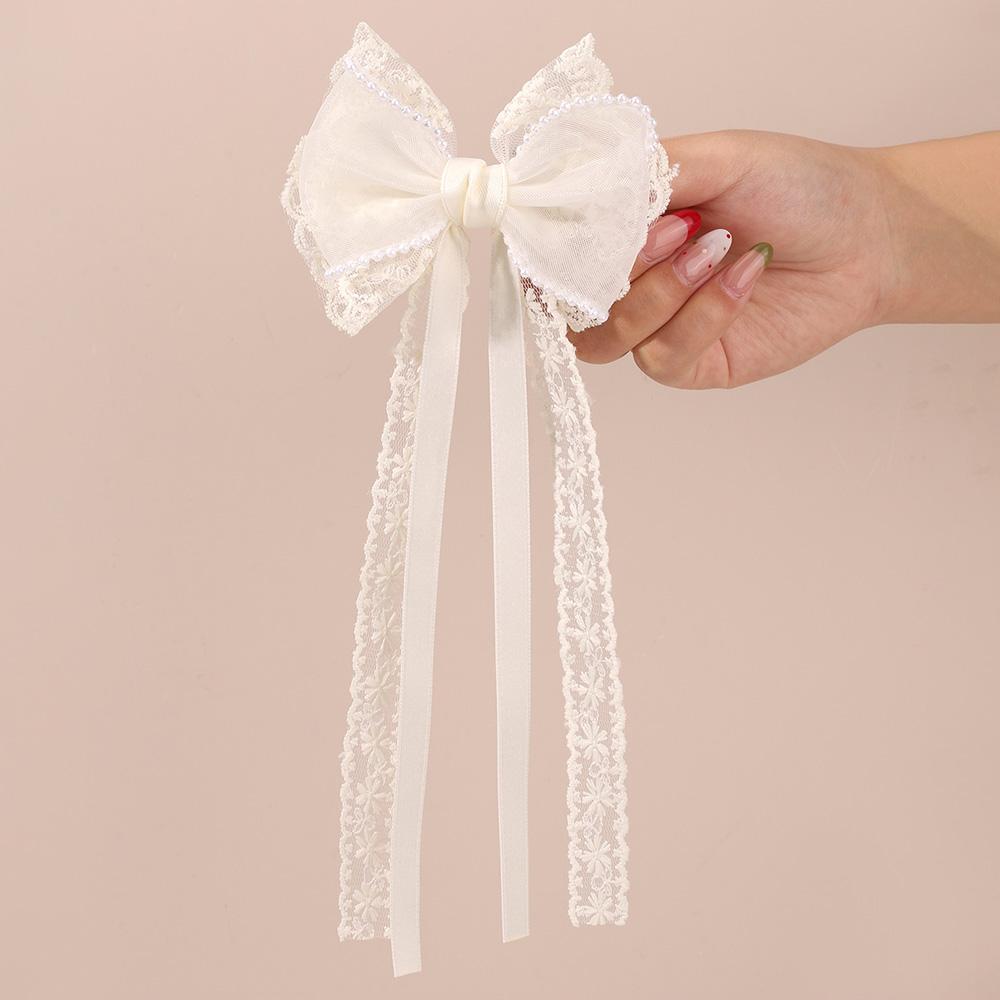 2 Stück Beige Spitze Schleife Haarspangen Mit Langem Band Elegante Perlenbesetzte Chiffon Schleife Barette Für Mädchen Frauen Haarschmuck