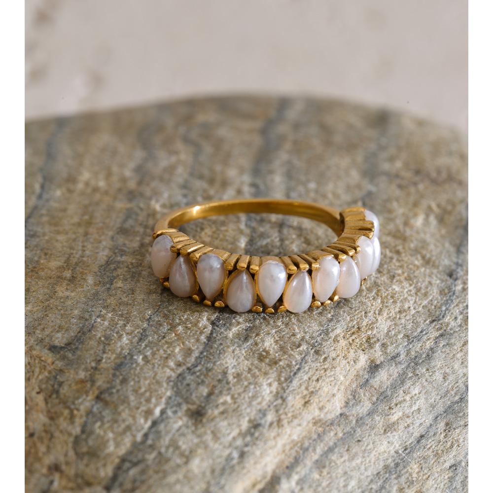 Yhpup Size 678 Stainless Steel Simulated Pearls Golden Finger Ring for Women Elegance Chic Popular Jewelry Gift PVD Plated