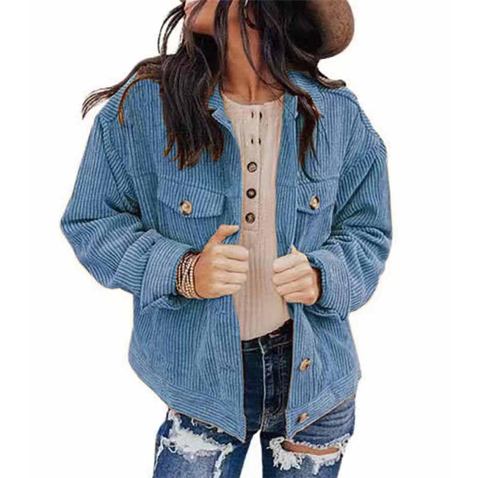 

Женская и зимняя свободная вельветовая куртка-рубашка с лацканами и двойными карманами, с длинными рукавами XL