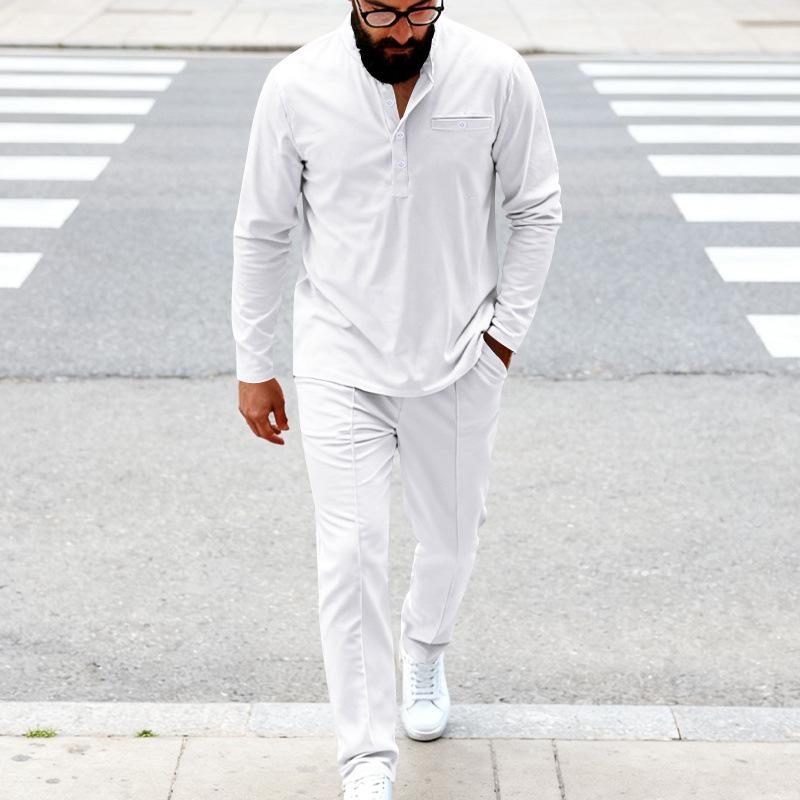 Spring and Autumn Men's Loose Retro Simple Commuting Casual Henley Shirt Long Sleeve Pants Suit