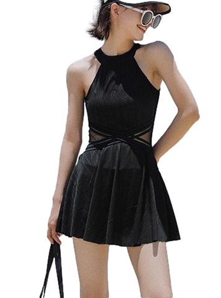 high halter [1/2plus] Swimsuit, one-piece, neck, flared, body-covering, two-piece set, plain, monotone, waist, neck, women's (XL, black)