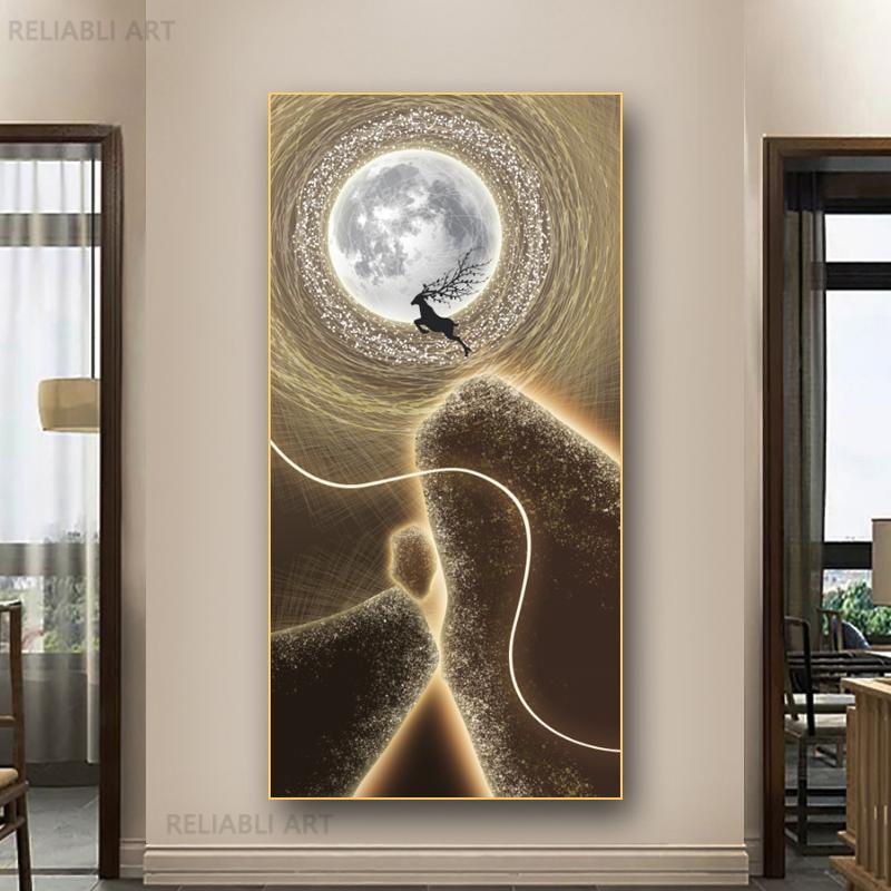 New Chinese Fengshui Golden Deer Canvas Painting Abstract Zen Stone Posters and Prints Modern Luxury Wall Art for Porch Decor