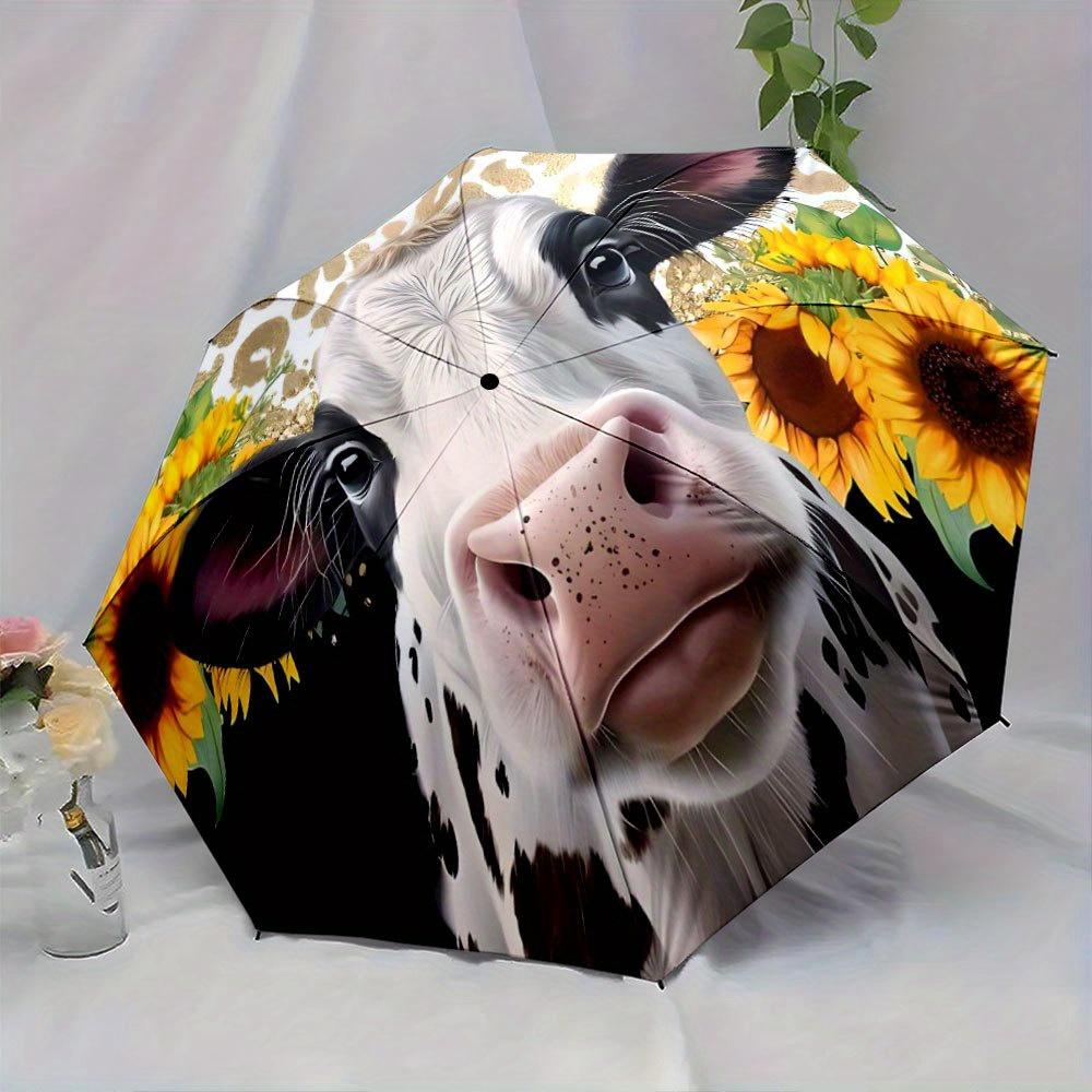Compact Umbrella Featuring a Cow And Sunflower Design, Perfect As a Creative Gift for Christmas And Other Festive Occasions.