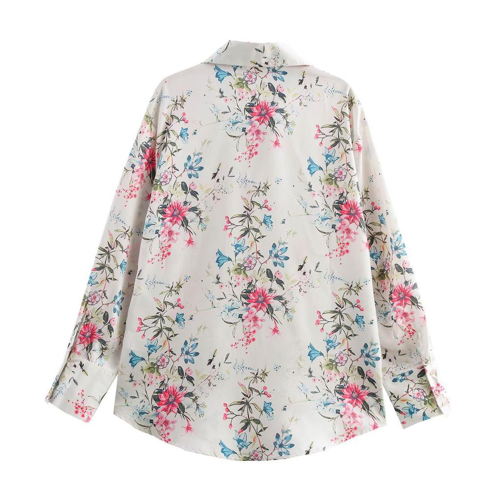 2025 Spring Women's Versatile Printed Silk Satin Lapel Shirt