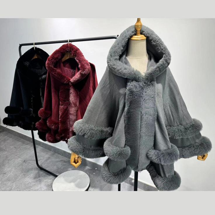 European & American Plus Size Fur Collar Hooded Cloak Shawl Women's Knit Cardigan Cape Coat for Autumn & Winter