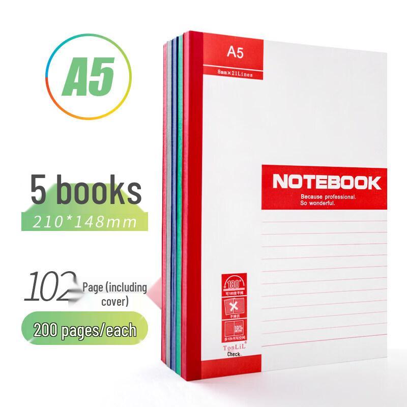 TonLiL A5 Soft Cover Notebook, 200 Pages, 5-Pack