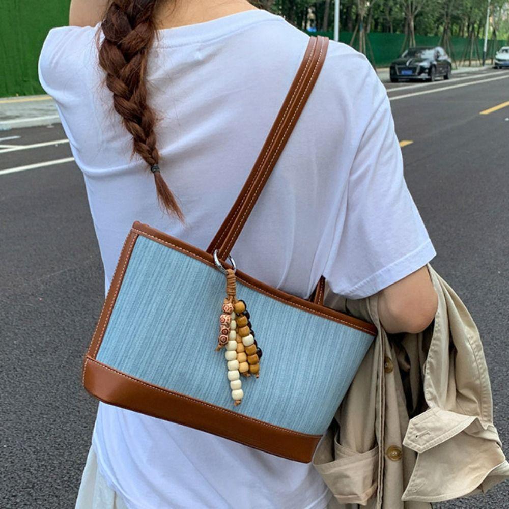 Handbag Denim Splicing Tote Bag Large Capacity Ins Square Tote Bag Simple Shoulder Bag  Travel