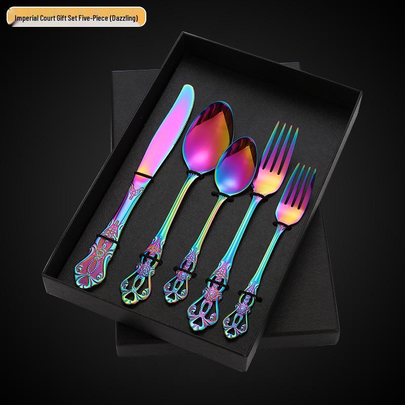 Royal Court 5-Piece Cutlery Set: Vintage Titanium-Plated Gold Stainless Steel Knife, Fork & Spoon with Embossed Hollow Design.
