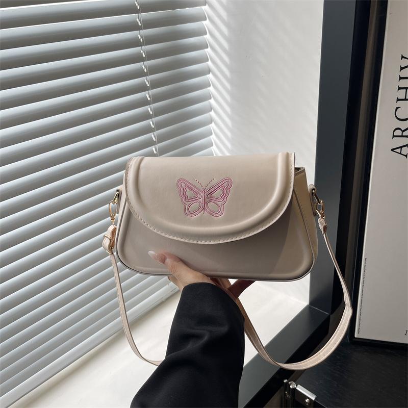 Korean Version Embroidered Butterfly Bag Women's 2025 New Handbag Texture Casual Simple Shoulder Bag Solid Color Small Square Bag