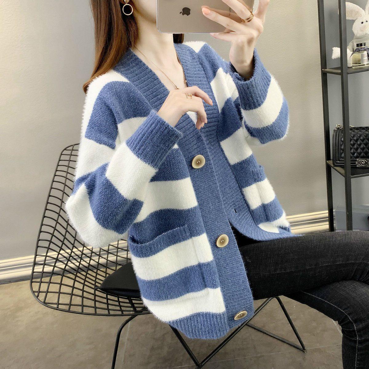 

Женский кардиган в полоску, устойчивый к пиллингу, с цветными блоками - Свободный, стройнящий, трикотаж с толстым воротником для весны, осени и зимы. XL (115-125 jin) зелёный