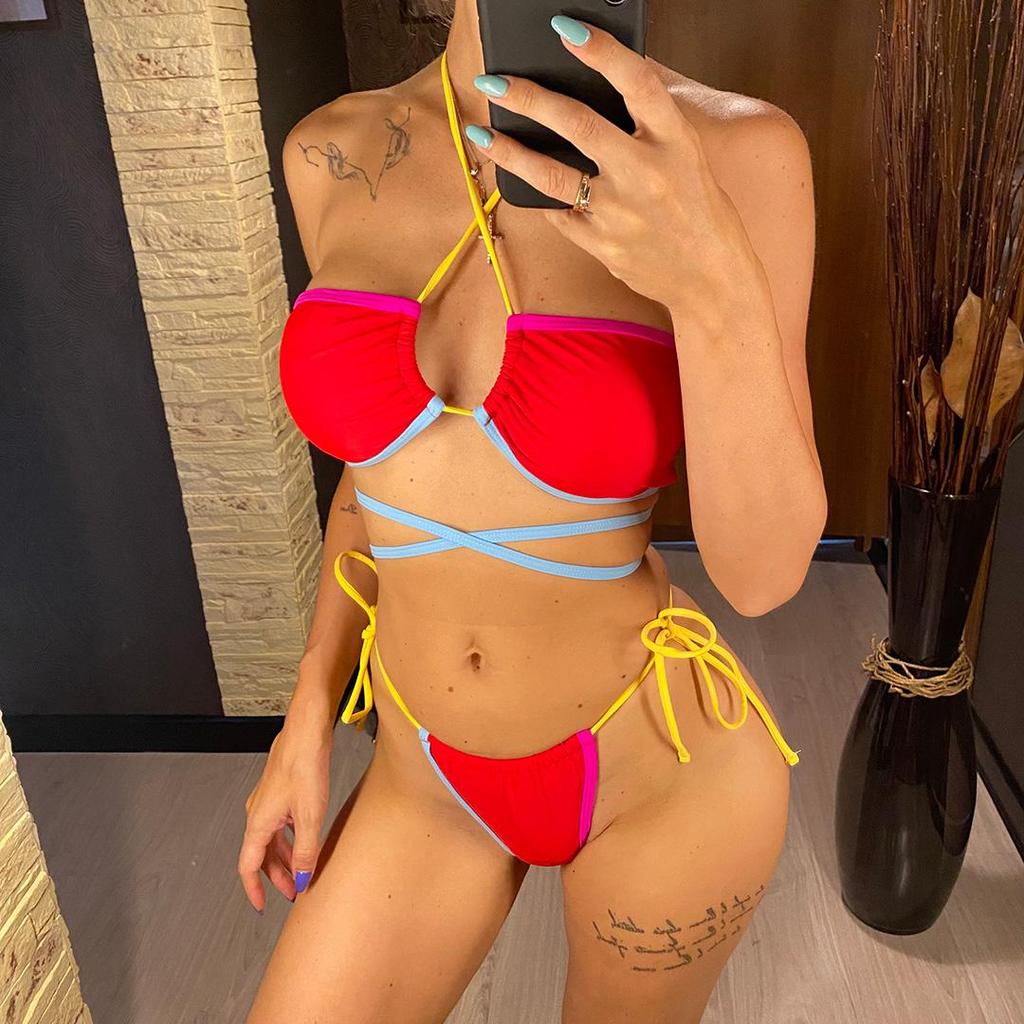 Spleißen Wrap Um Bandage Halter Bikini Weiblichen Badeanzug Frauen Bademode Zwei-stück Bikini set Badende Badeanzug Schwimmen