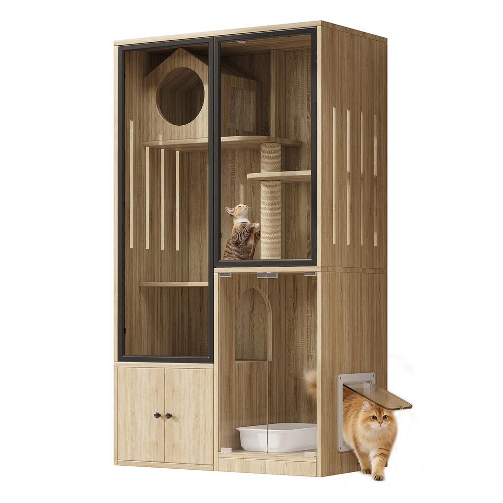 Cat Villa, Indoor Cat House, Chinchilla Cage, with Small Entry and Exit Door (Lockable), Wood-Colored, 90 x 50 x 160 cm, without Cat Litter Box