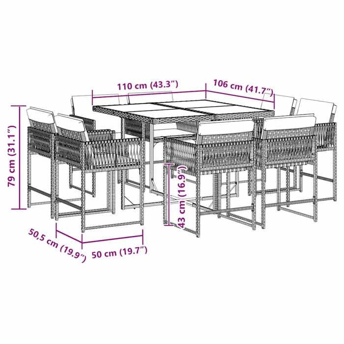 VidaXL 9-Piece Garden Dining Set with Cushions, Table and Folding Back Chairs, Outdoor Patio Furniture 3211563