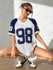 Sommer Neu Rosa Weiß Nr. 98 Print T-Shirt Für Damen V-Ausschnitt Patchwork Kurze Ärmel Mesh Sport Fußballtrikot Y2K Übergroße Tops