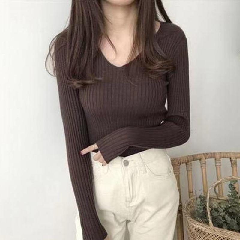 

Модные длинные рукава V-образный вырез свитера вязаные свитера женские осенние свитера женская зимняя одежда Slim Fit Solid элегантные повседневные базовые женские джемперы 25516 One Size темно-коричневого