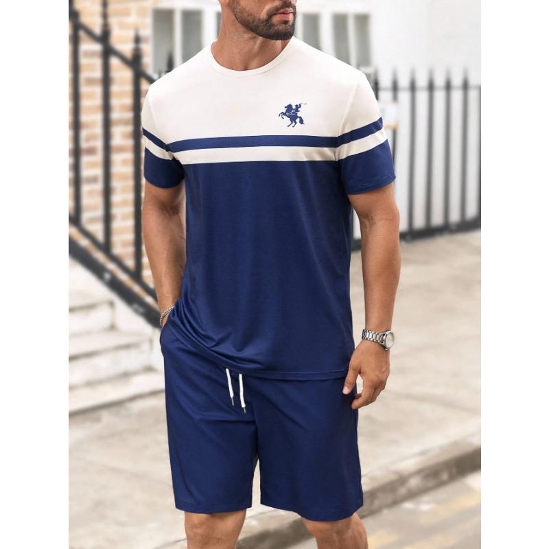 Casual Stripe Printed T-shirt Shorts Set Large Size Loose Men's Short Sleeve Tee Elastic Waist Shorts 2-piece Set Sports Clothes