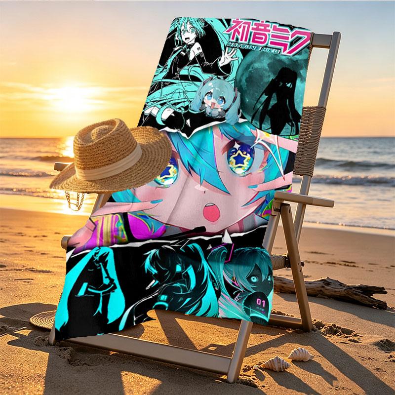 Hatsune Miku Print Beach Towel Design, Soft, Lightweight. for Home Bathroom, Spa, Pool, Yoga, Surfing, Camping, Gift for Family, Friend