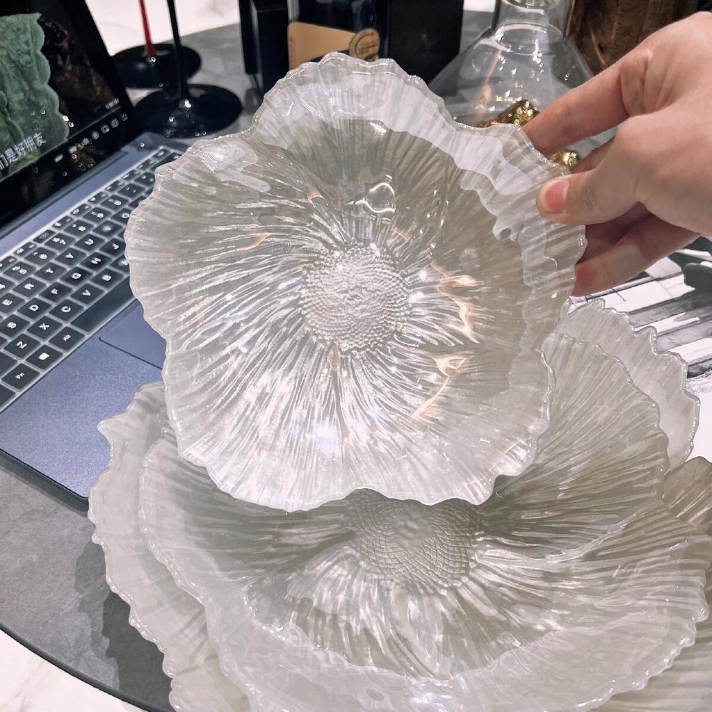 European Style Flower Crystal Glass Fruit Tray Large Household Simple Tea Tray Snack Tray Pearl White Simple Style