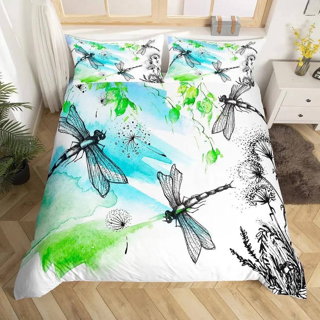 Butterfly Dragonflies Duvet Cover Set Dandelion Bedding Set Dragonfly Gift for Women Girl,Flowers Botanical Weed Comforter Cover