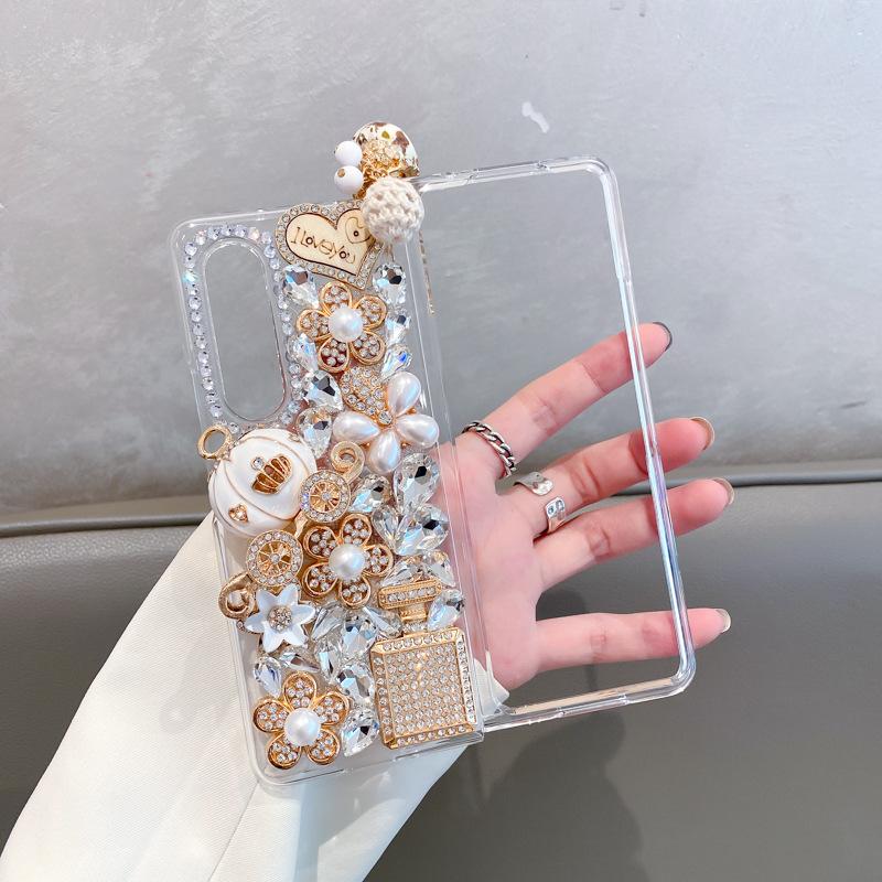 Luxus Bling Strass Handytasche für Samsung Galaxy Z Fold 4 3 2 DIY Diamant 3D Kürbis Perle Blume Herz Abdeckung