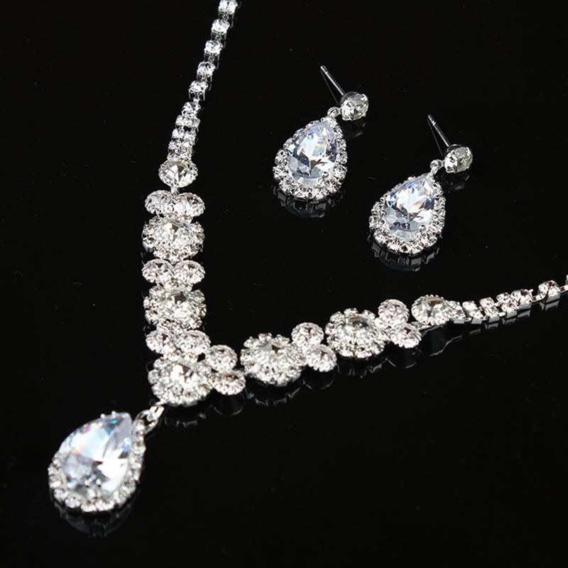 Rhinestone Zircon Necklace Earrings Set Water Drop Women'S Fashion Jewelry Accessories