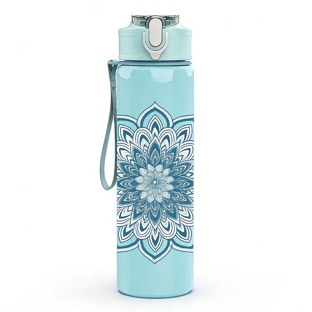 1PC Blue Mandala Pattern 750ml Color Plastic Sports Water Bottle Leakproof Flip Straw Lid Suitable for Sports Office Home Use