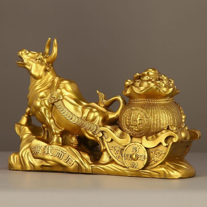 Pure Copper Ox Pulling Treasure Basin Ornament Golden Ox Bringing Wealth Ox Pulling Cart Zodiac Ox Living Room Office Decoration