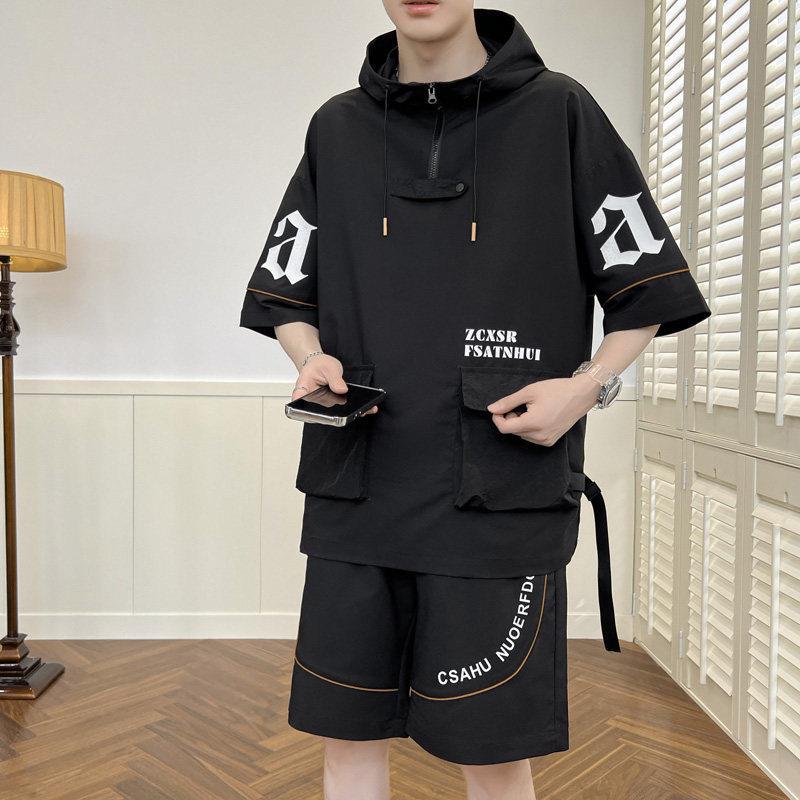 

Летние мужские комплекты Повседневная футболка Шорты Брюки Спортивные костюмы Хип-хоп Уличная одежда Свободные футболки с коротким рукавом и капюшоном S чёрный