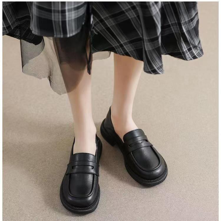 Spring 2025 Women's Black Leather Slip-On Loafers - British Style Flat Bottom JK Uniform Shoes