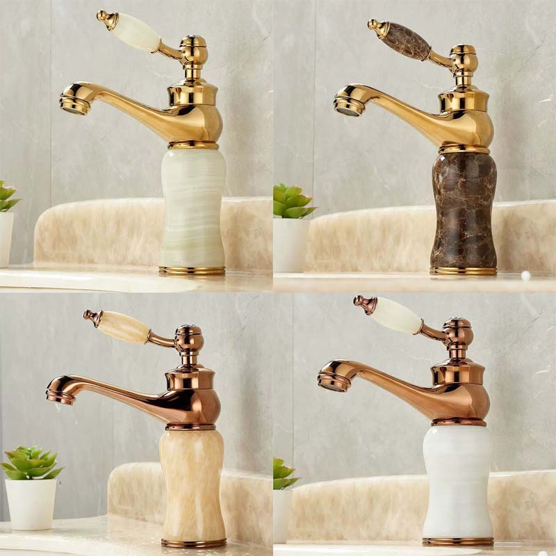 Rose Gold Luxury Bathroom Basin Faucet Single Jade Handle Vanity Sink Mixers Water Taps Brass Natural Jade Basin Sink Faucet