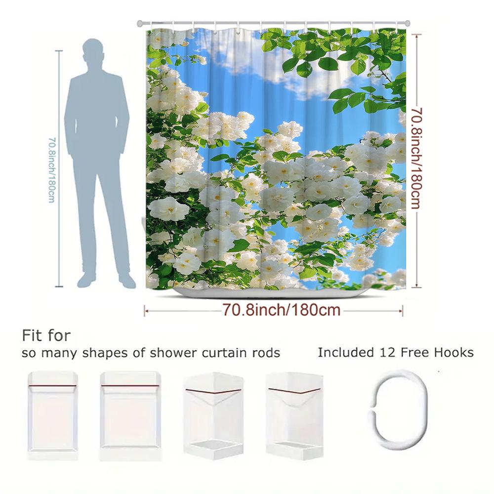 1pc Floral Pattern Shower Curtain White Roses with Blue Sky Background Natural Scenery Shower Curtain Bathroom Decoration Polyes