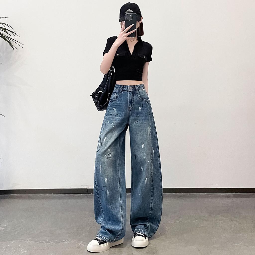 Spring Summer Trendy Splash Ink Graffiti Oil Paint Slim Wide Leg Saber Cut Fashion Casual Denim Pants Female Casual Pants Oversize Denim Trousers
