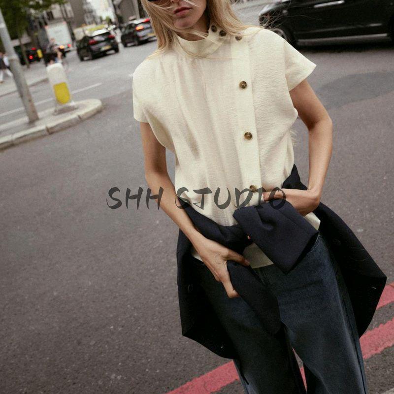 Autumn New Women's Clothing Minimalist Stand Collar Drop Shoulder Sleeveless Contrast Color Decorated Row Button Shirt Tops 8813548