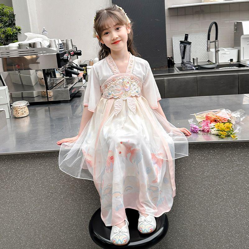 Girls  Hanfu Summer Tang Suit Princess Dress - Short Sleeve Ancient Chinese Style Fairy Costume 110 cm розовый