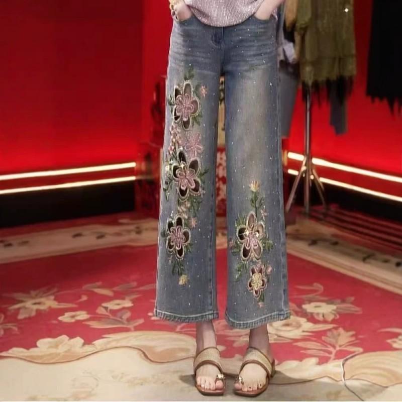 2026 High-Waisted Embroidered Denim Flare Pants With Rhinestone Detail Slim Fit Petite Women