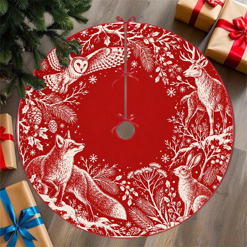 1pc, Tree Skirt, Christmas Home Decor, Tree Skirt Cover, Center Cutout Design, Red And White Winter Pattern, Snowflakes And Plant Border Elements, Eas