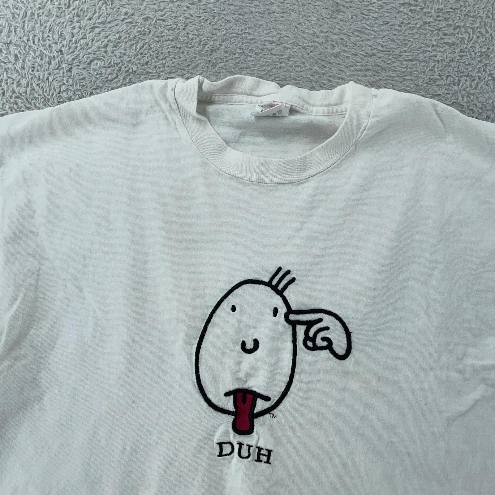 

Vtg Duh Cartoon Graphic Shirt Mens Medium/Large White Embroidered Tee Funny Joke L