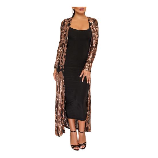 Abend Party Frauen Sexy Pailletten Perspektive Langarm Maxi?Mantel-Kleid-Cardigan