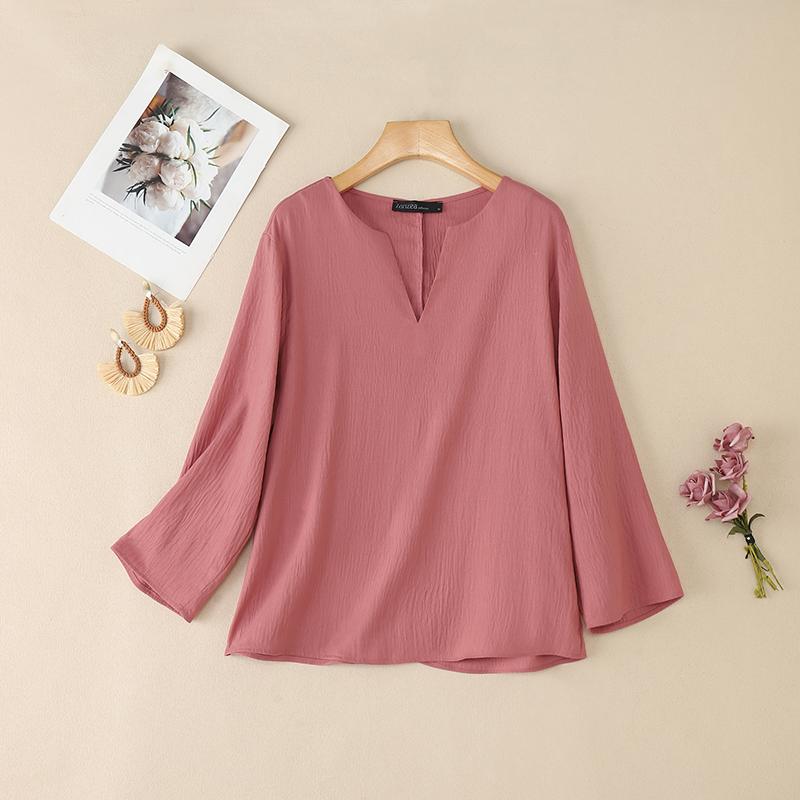 ZANZEA Women Casual V-Neck Solid Color 3/4 Sleeve Loose Blouse